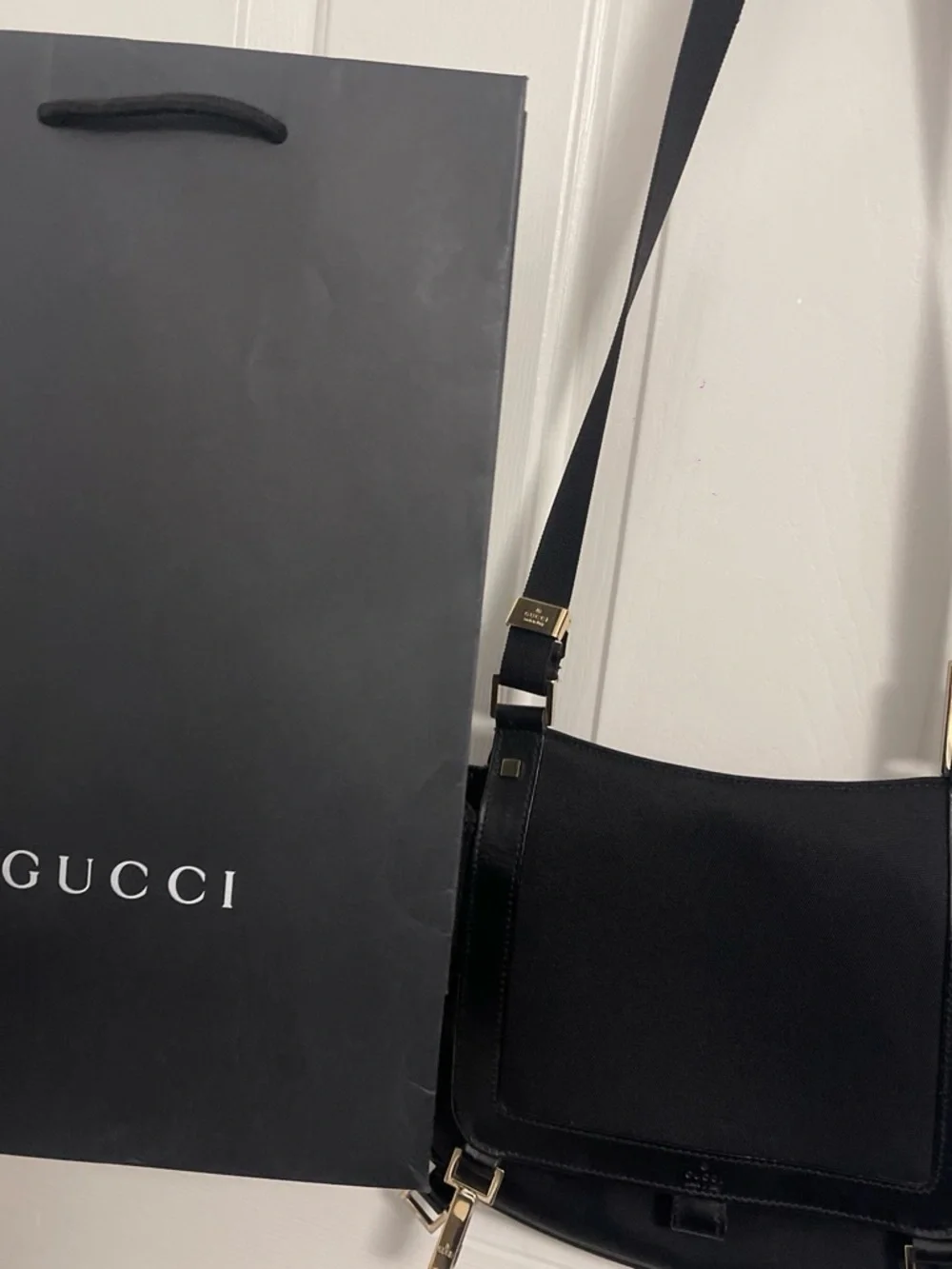 Gucci Men's Gray Monogram Canvas Shoulder Bag with Leather Trim